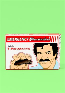 Everyone needs an emergency moustache in their lives! For when you bump into your ex in the supermarket and need a quick disguise. For that last-minute fancy-dress party invite. And for when you want to see what you&rsquo;d look like as the iconic Tom Selleck as Mangum PI but not enough to commit to the look permanently. Really, you should never leave the house without one on your person!  <br /> <br />This hilarious, novelty gift includes 6 emergency false moustaches in 6 different styles and colours to match whatever vibe you&rsquo;re going for: 'Traditional Gent', 'Cowboy', 'Rusty Brush', 'Italian Plumber', 'Oil Baron' and 'Abra-Kadabra!'. Made from nylon, they have adhesive backing and can be reused multiple times. Each tash comes in a handy sachet so you can whip it out for a quick getaway and stash it away at any time making you instantly unrecognisable. They&rsquo;re so convincing, even your own mother won&rsquo;t know you!